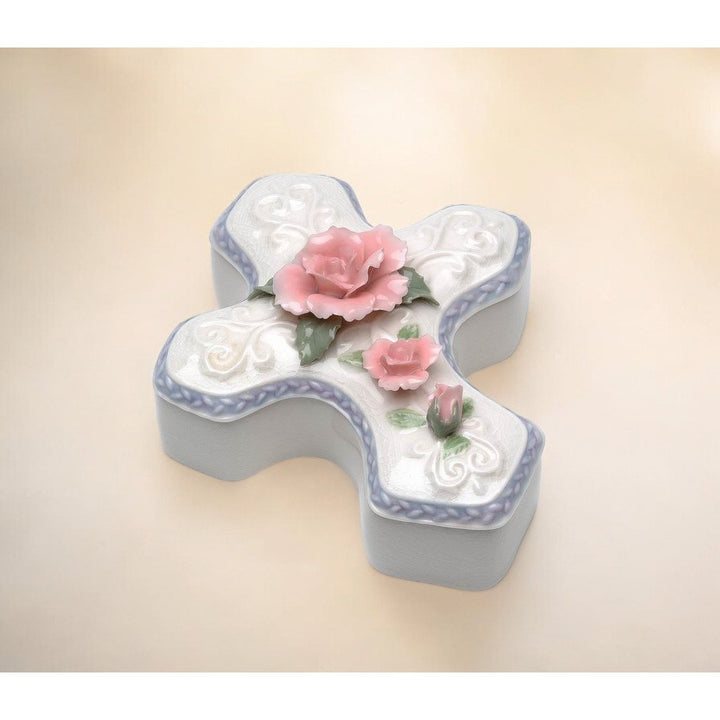 Ceramic Cross Jewelry Box Pink Rose Flower 6 Inch Religious Gift Image 1