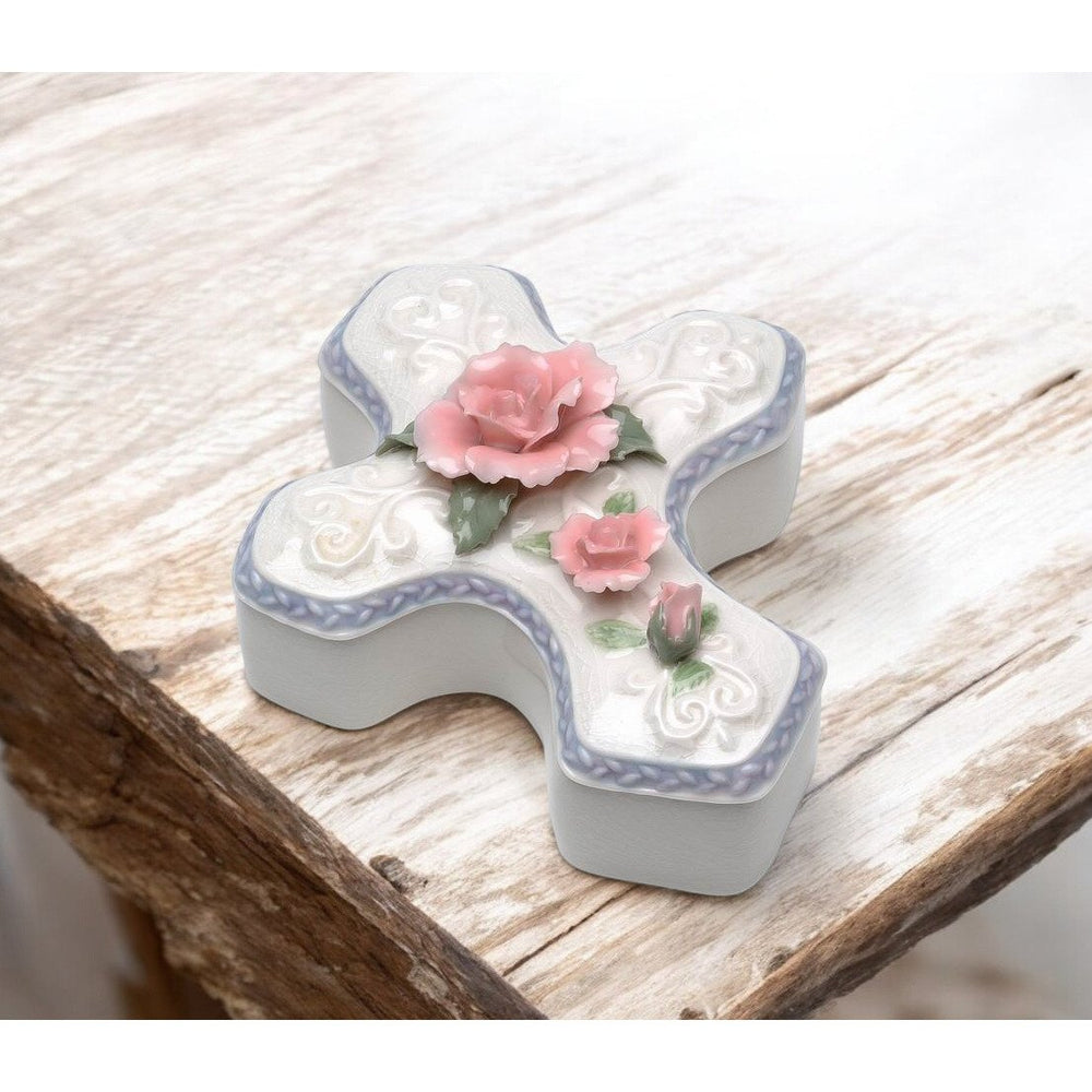 Ceramic Cross Jewelry Box Pink Rose Flower 6 Inch Religious Gift Image 2