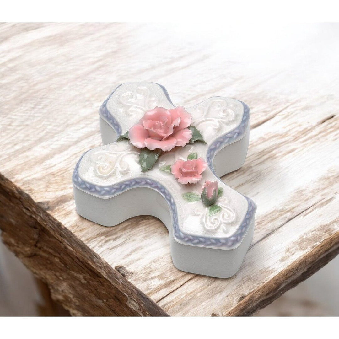 Ceramic Cross Jewelry Box Pink Rose Flower 6 Inch Religious Gift Image 2