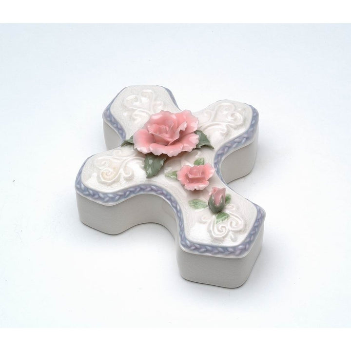 Ceramic Cross Jewelry Box Pink Rose Flower 6 Inch Religious Gift Image 3