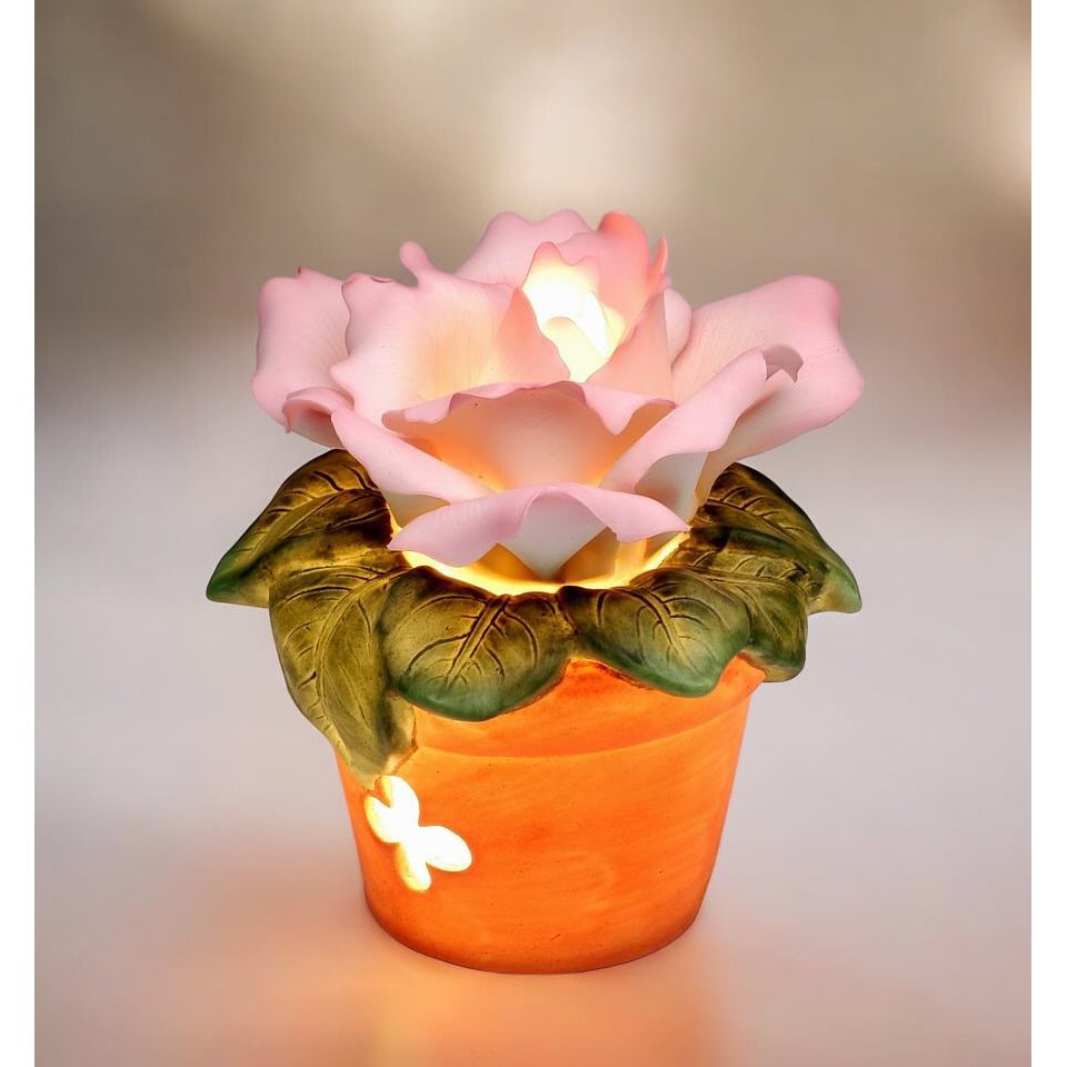 Ceramic Pink Rose Nightlight 4.5 Inch Pot  Mom Romantic Image 1