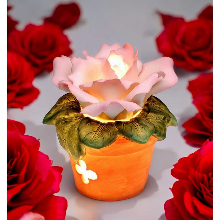 Ceramic Pink Rose Nightlight 4.5 Inch Pot  Mom Romantic Image 2