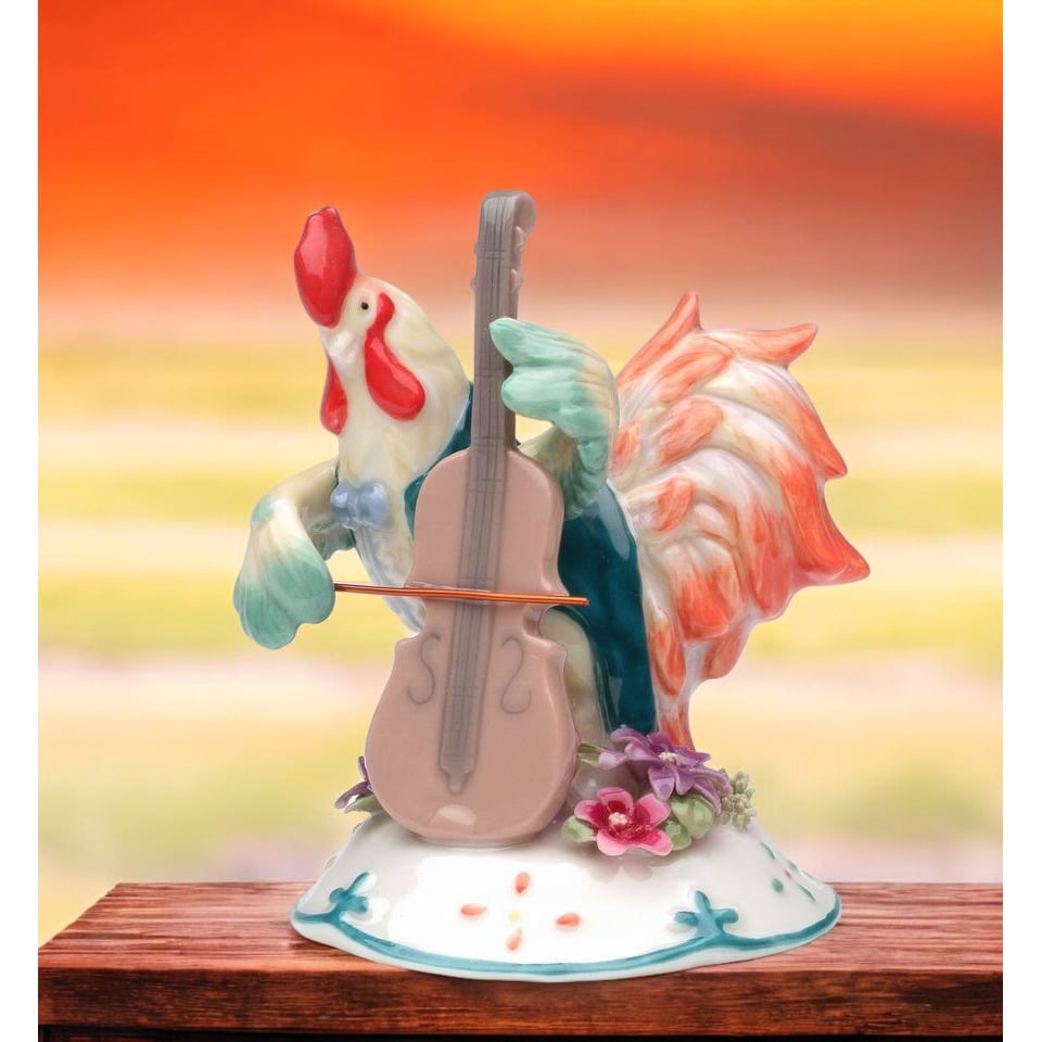 Ceramic Rooster Figurine Playing Bass 4in Musician Gift Image 1