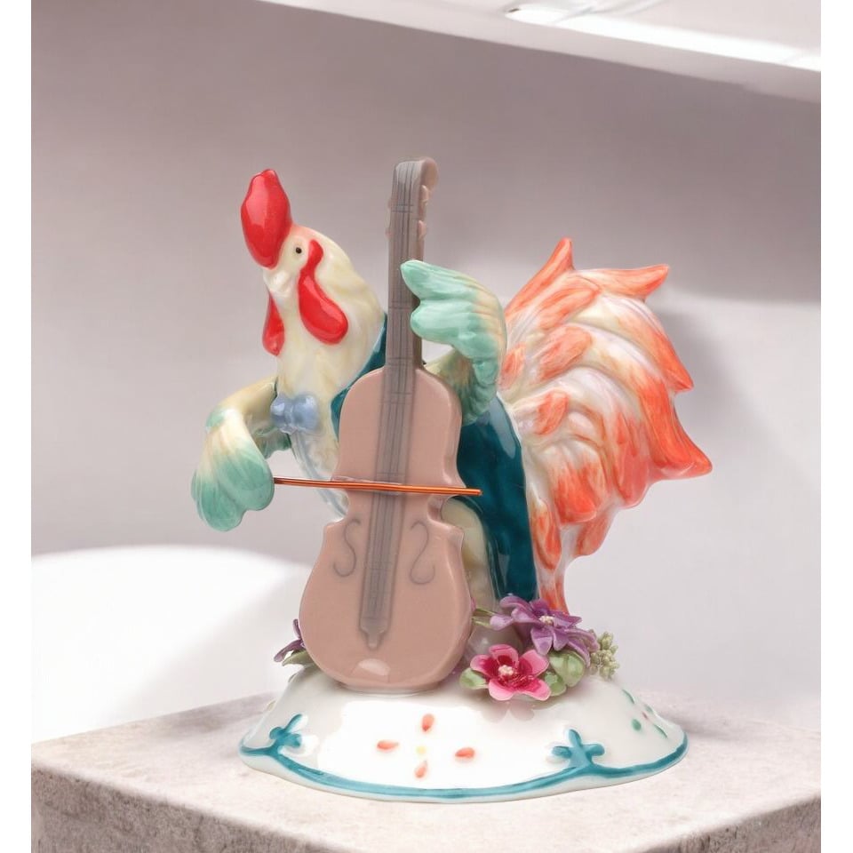 Ceramic Rooster Figurine Playing Bass 4in Musician Gift Image 2