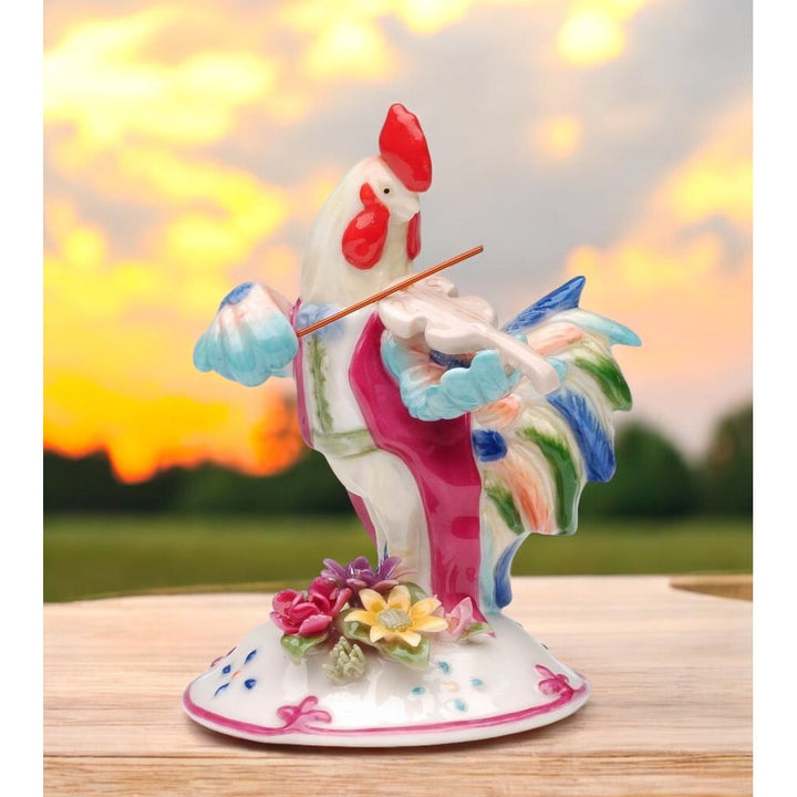 Ceramic Rooster Playing Violin Figurine 4 Inch Gift Musician Image 1