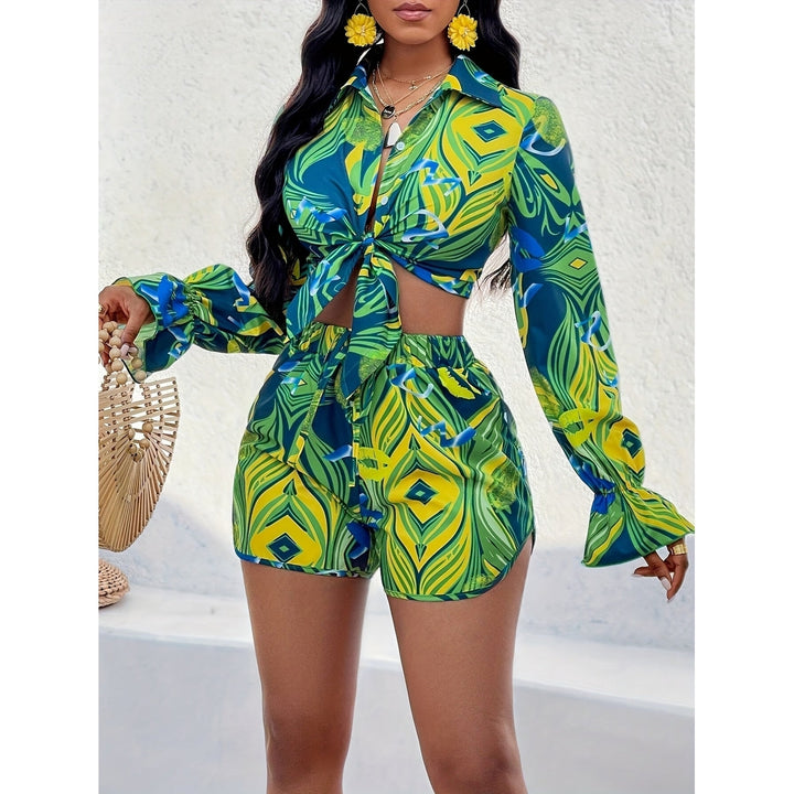 Allover Print Matching Two-piece Set Vacation Style Long Sleeve Tie Waist Shirt and Elastic Waist Shorts Outfits Womens Image 1