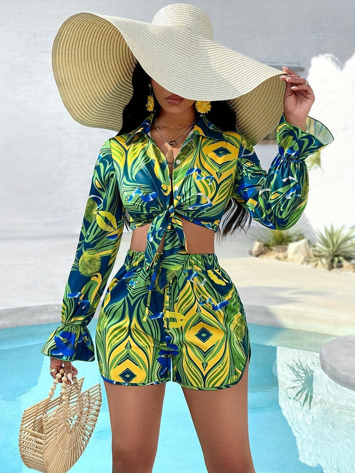 Allover Print Matching Two-piece Set Vacation Style Long Sleeve Tie Waist Shirt and Elastic Waist Shorts Outfits Womens Image 3