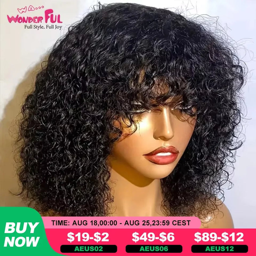 Brazilian Jerry Curl Human Hair Bob Wigs With Bang For Black Women Wonderful Black Dark Remy Bob Hair Machine Made Cheap Image 1