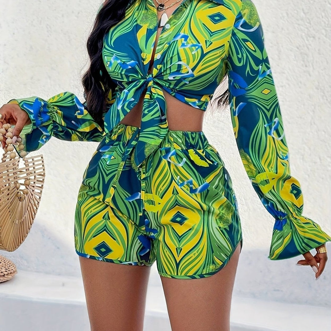 Allover Print Matching Two-piece Set Vacation Style Long Sleeve Tie Waist Shirt and Elastic Waist Shorts Outfits Womens Image 8