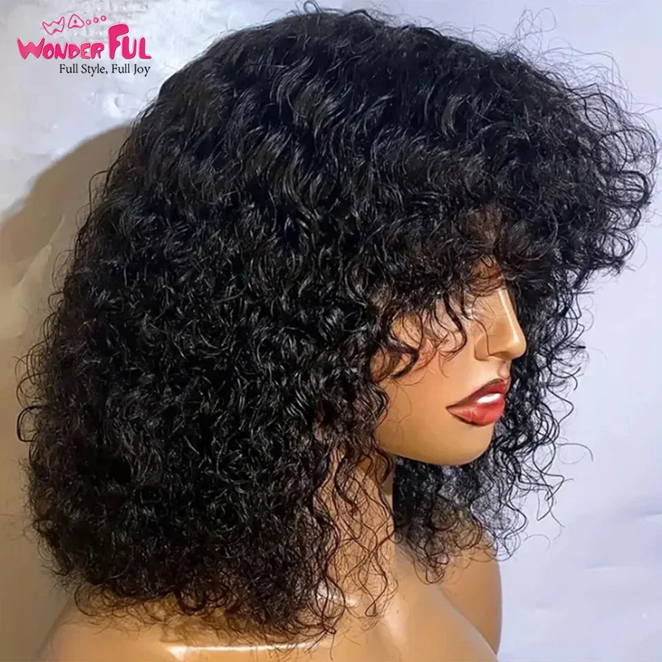 Brazilian Jerry Curl Human Hair Bob Wigs With Bang For Black Women Wonderful Black Dark Remy Bob Hair Machine Made Cheap Image 2