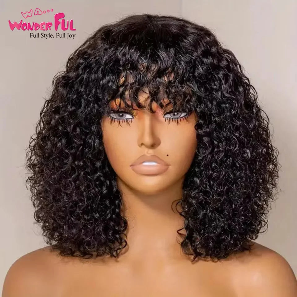 Brazilian Jerry Curl Human Hair Bob Wigs With Bang For Black Women Wonderful Black Dark Remy Bob Hair Machine Made Cheap Image 3