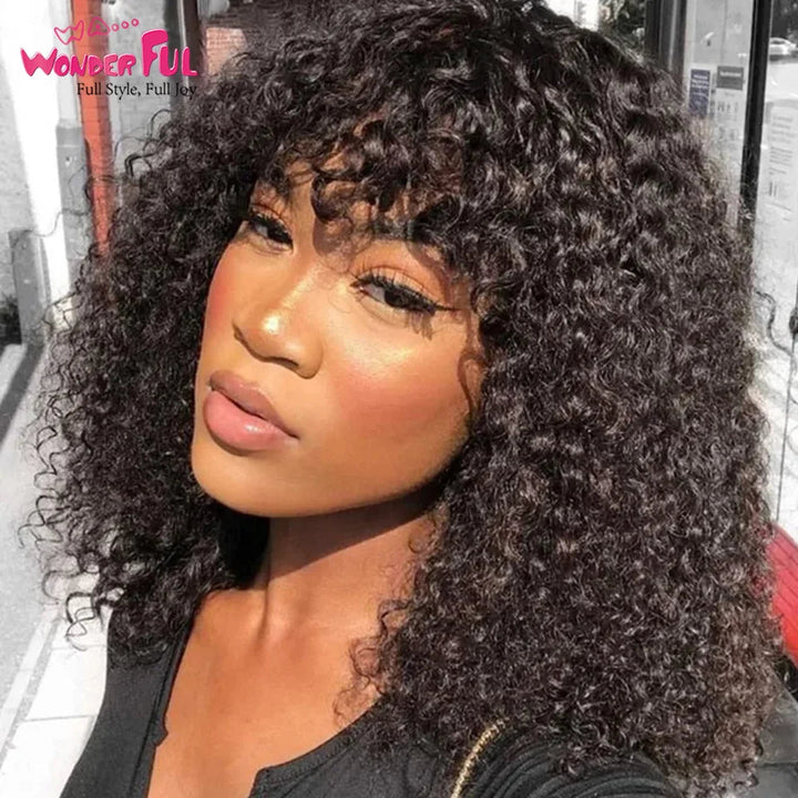 Brazilian Jerry Curl Human Hair Bob Wigs With Bang For Black Women Wonderful Black Dark Remy Bob Hair Machine Made Cheap Image 4