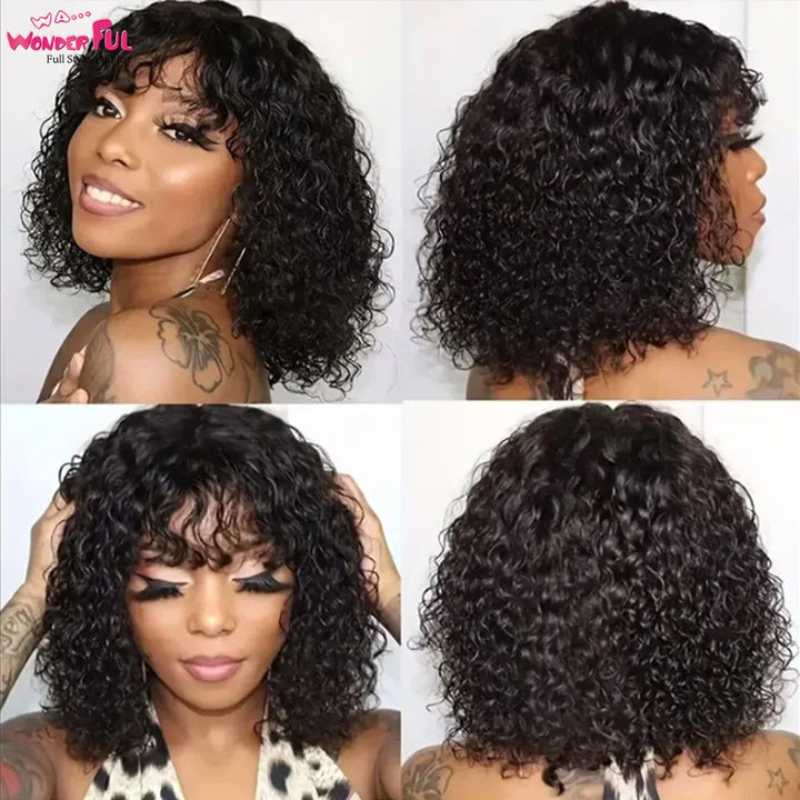 Brazilian Jerry Curl Human Hair Bob Wigs With Bang For Black Women Wonderful Black Dark Remy Bob Hair Machine Made Cheap Image 4