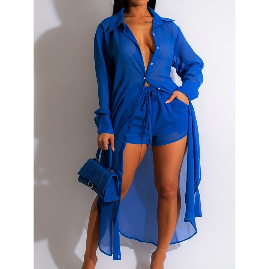 Casual Solid Two-piece Set Longline Split Blouse and Drawstring Shorts Outfits Womens Clothing Image 1