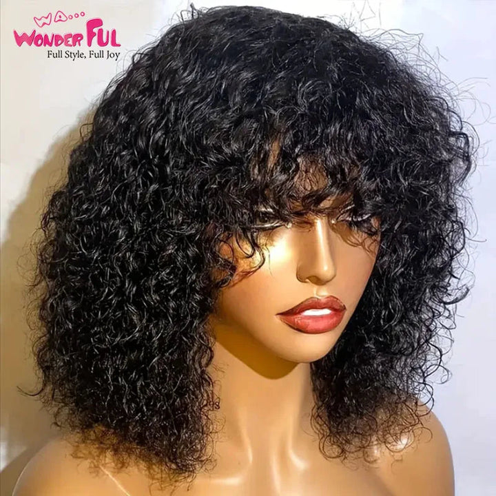 Brazilian Jerry Curl Human Hair Bob Wigs With Bang For Black Women Wonderful Black Dark Remy Bob Hair Machine Made Cheap Image 7