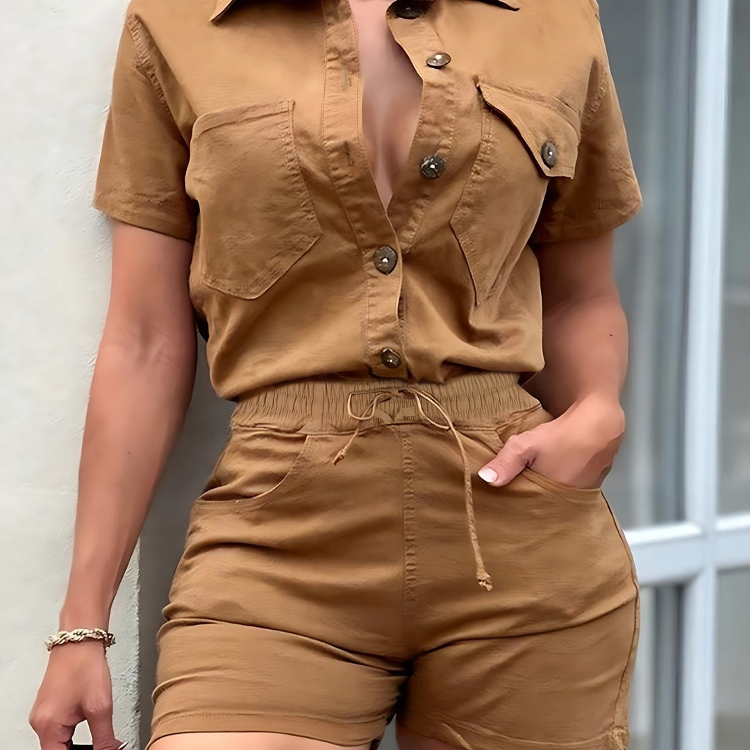 Casual Solid Two-piece Set Lapel Neck Pockets Button Short Sleeve Top and Drawstring Slant Pockets Shorts Outfits Womens Image 1