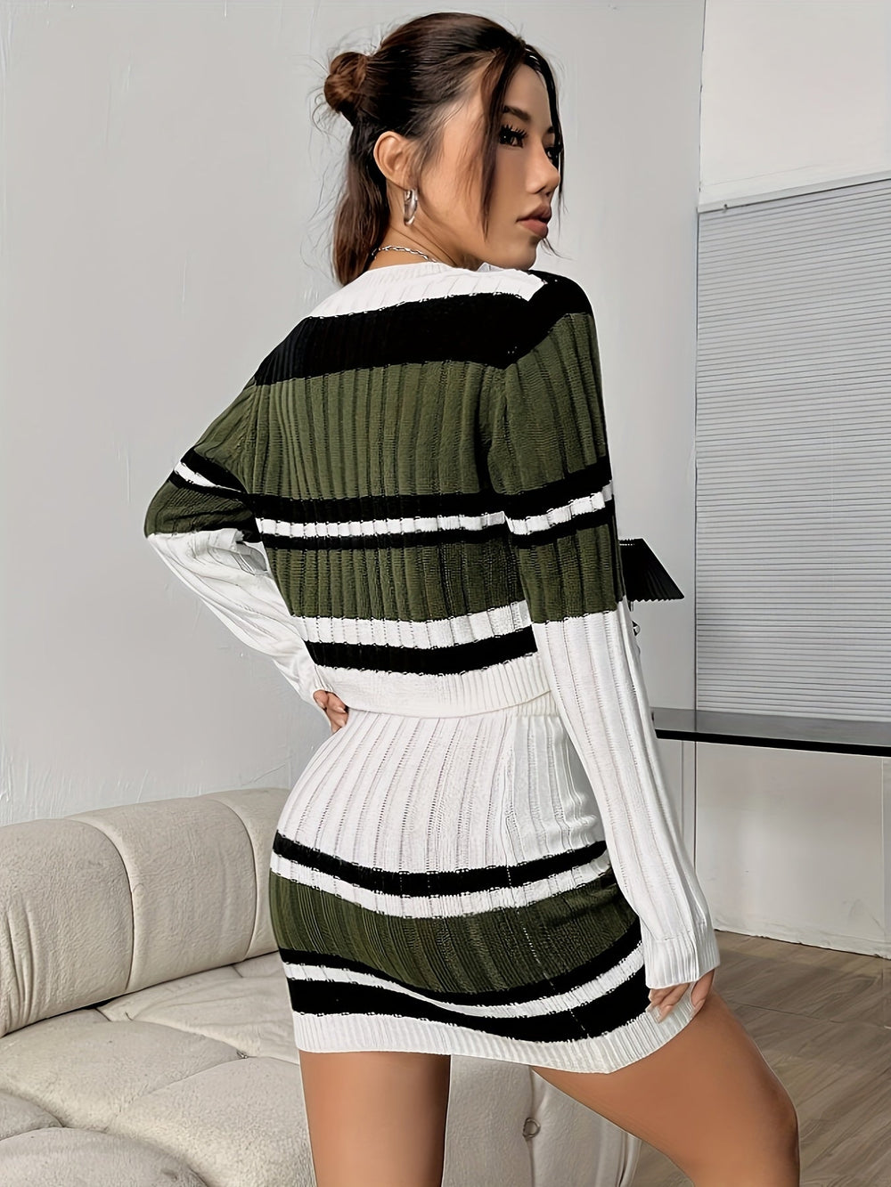 Color Block Ribbed Knit Skirt Set Crew Neck Long Sleeve Crop Sweater and High Waist Drawstring Slim Skirt Outfits Womens Image 2