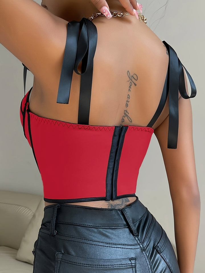 Color Block Low Cut Cami Top Sexy Backless Knot Strap Slim Crop Sleeveless Top For Spring and Summer Womens Clothing Image 6