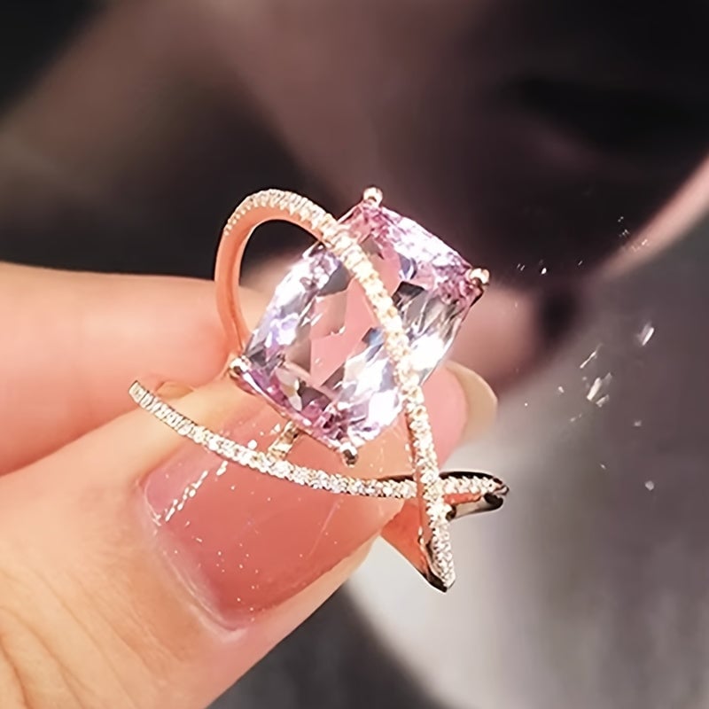 Cuboid Shiny Synthetic Gems Ring Elegant Luxury Style Copper Jewelry Delicate Female Ring Image 1