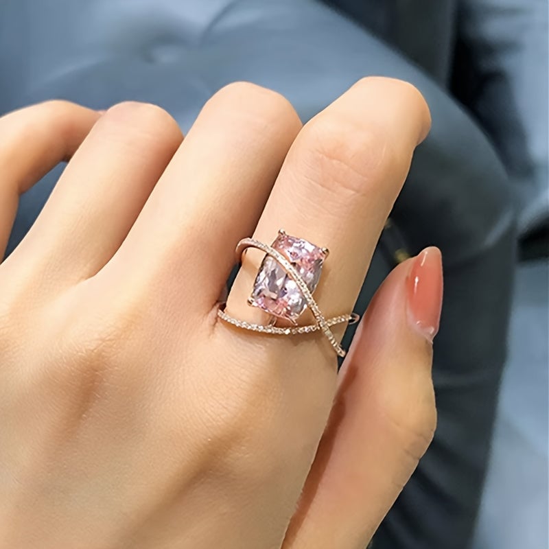 Cuboid Shiny Synthetic Gems Ring Elegant Luxury Style Copper Jewelry Delicate Female Ring Image 2