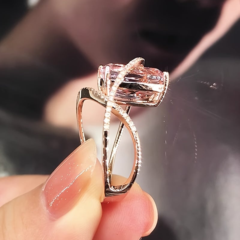 Cuboid Shiny Synthetic Gems Ring Elegant Luxury Style Copper Jewelry Delicate Female Ring Image 3