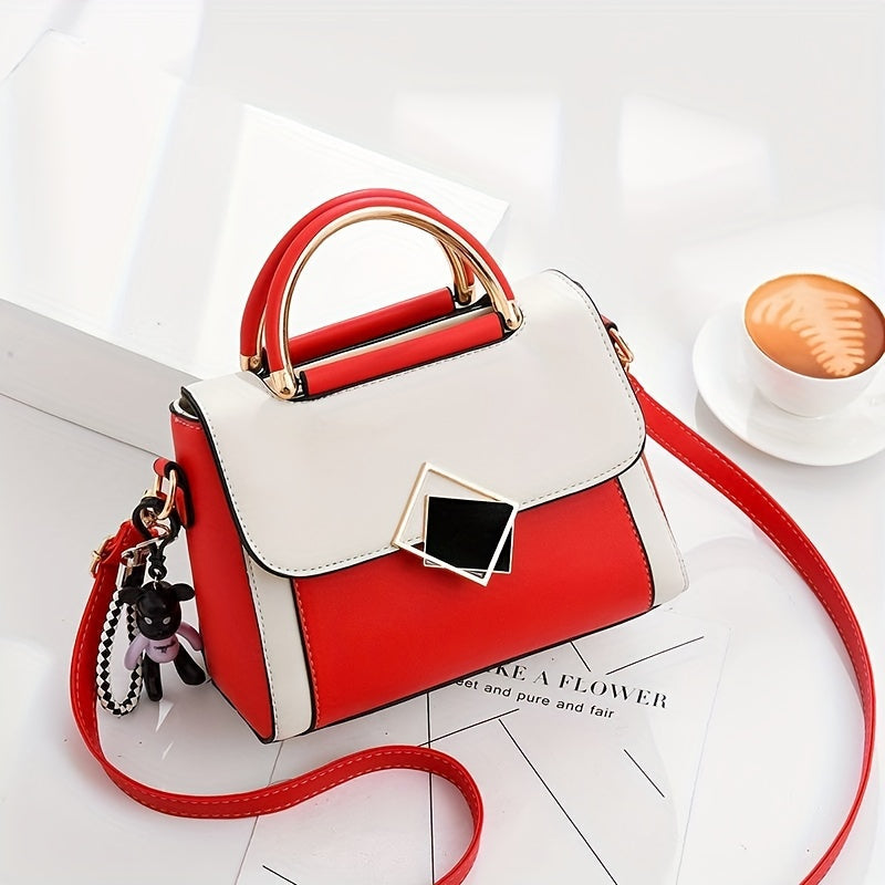 Color Contrast Crossbody Bag Fashion PU Leather Handbag Womens Top Handle Flap Purse Image 2