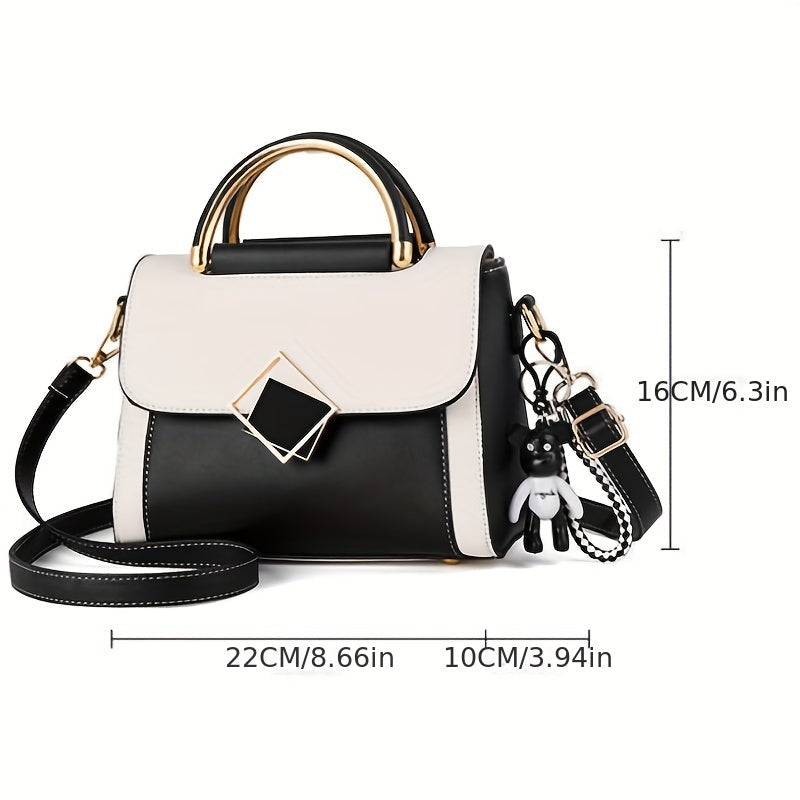 Color Contrast Crossbody Bag Fashion PU Leather Handbag Womens Top Handle Flap Purse Image 4