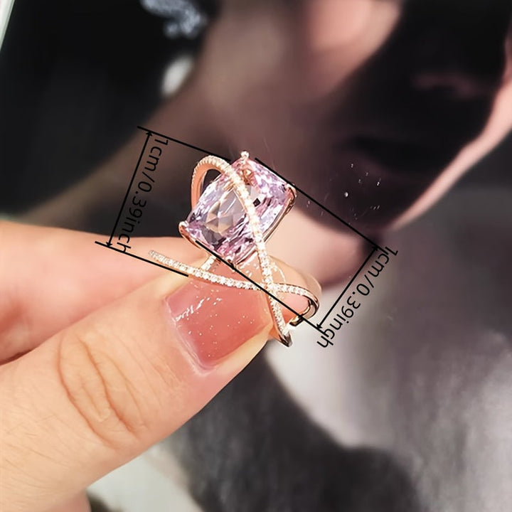 Cuboid Shiny Synthetic Gems Ring Elegant Luxury Style Copper Jewelry Delicate Female Ring Image 4