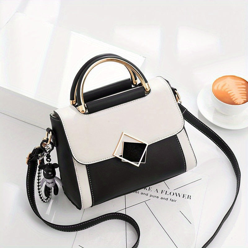 Color Contrast Crossbody Bag Fashion PU Leather Handbag Womens Top Handle Flap Purse Image 7