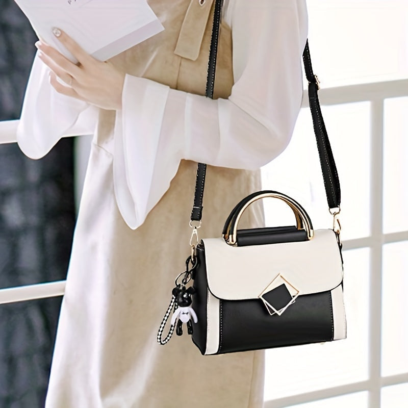 Color Contrast Crossbody Bag Fashion PU Leather Handbag Womens Top Handle Flap Purse Image 8