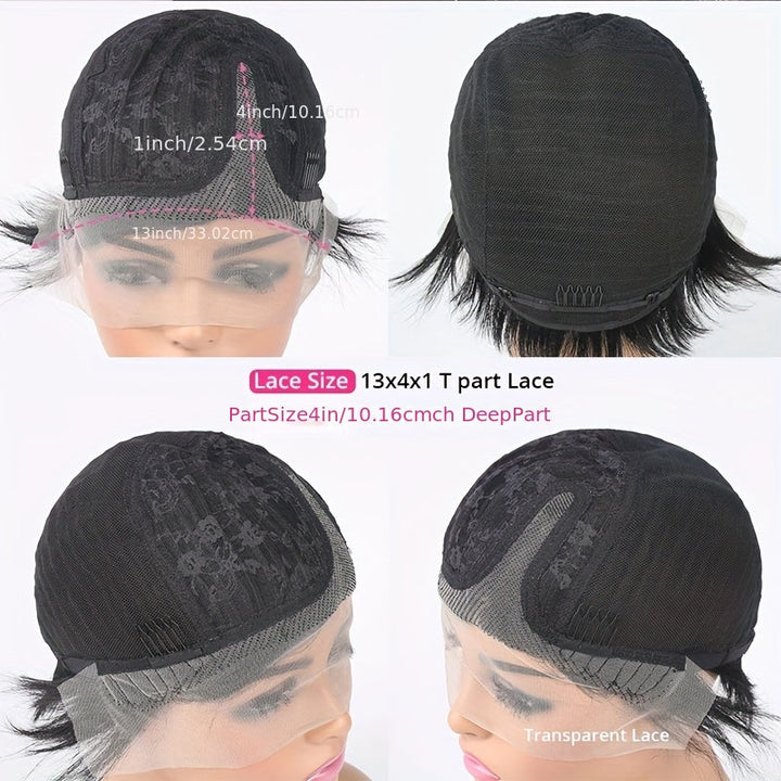 Arietis Hair Natural Black 13x4x1 Lace Front Transparent Deep Wave Lace Wig Side Part Lace Curly Short Pixie Cut Bob Wig Image 4