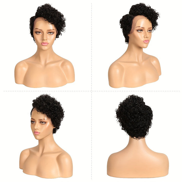 Arietis Hair Natural Black 13x4x1 Lace Front Transparent Deep Wave Lace Wig Side Part Lace Curly Short Pixie Cut Bob Wig Image 6