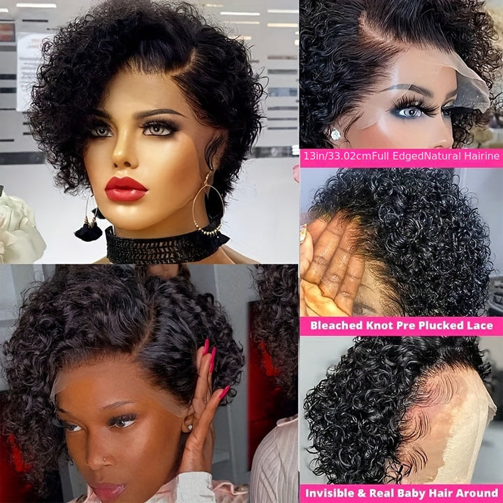 Arietis Hair Natural Black 13x4x1 Lace Front Transparent Deep Wave Lace Wig Side Part Lace Curly Short Pixie Cut Bob Wig Image 8