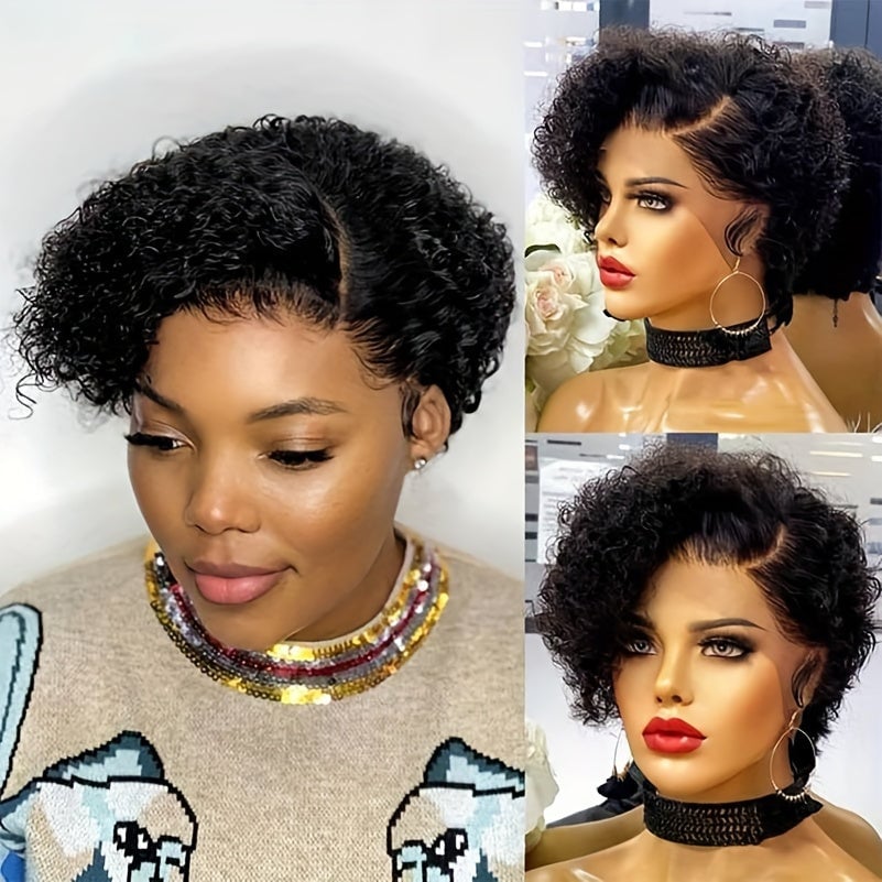 Arietis Hair Natural Black 13x4x1 Lace Front Transparent Deep Wave Lace Wig Side Part Lace Curly Short Pixie Cut Bob Wig Image 9