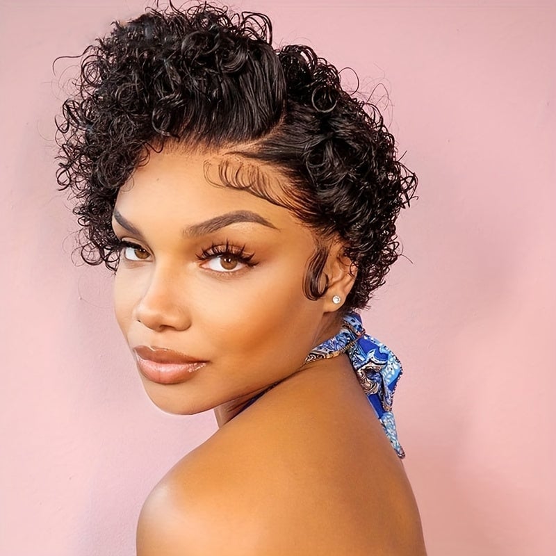 Arietis Hair Natural Black 13x4x1 Lace Front Transparent Deep Wave Lace Wig Side Part Lace Curly Short Pixie Cut Bob Wig Image 10