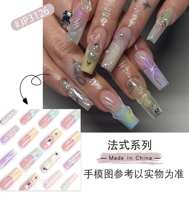 24PCS French 3D Colorful False Nails Wearing Nail Patch Gradient Y2K Butterfly Square Nail Art Artificial Nails With Image 2