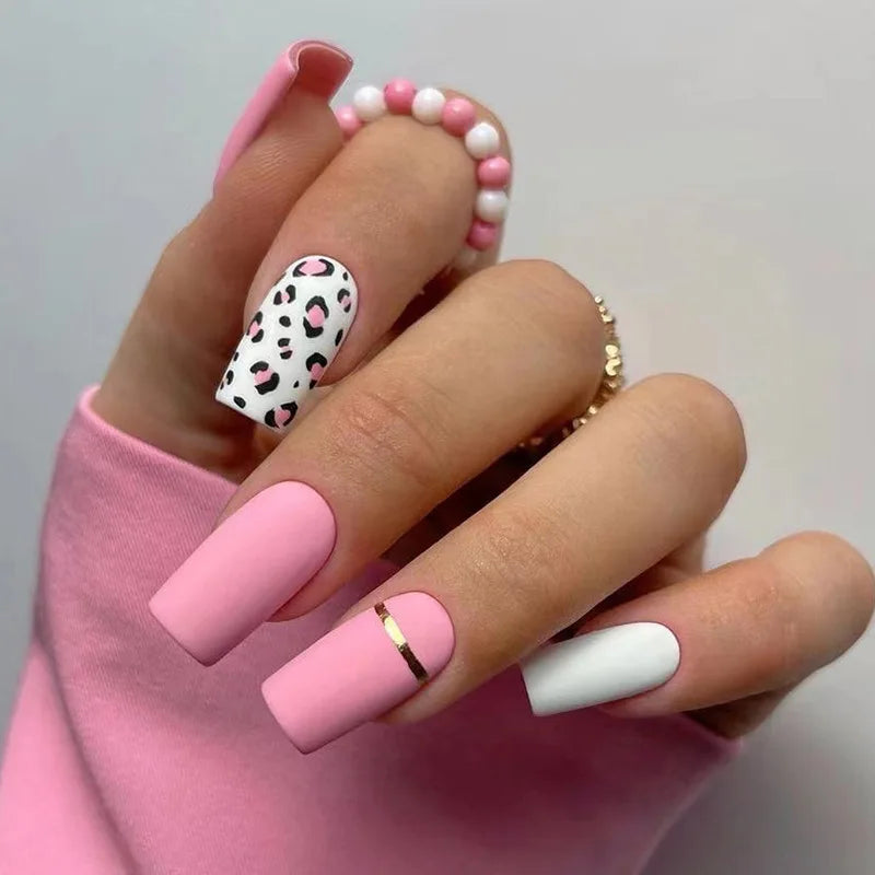 24Ps/Set Square Head Coffin Wearing False Nails Art Pink Matte French Fake Nails Leopard Artificial Acrylic White Press Image 1