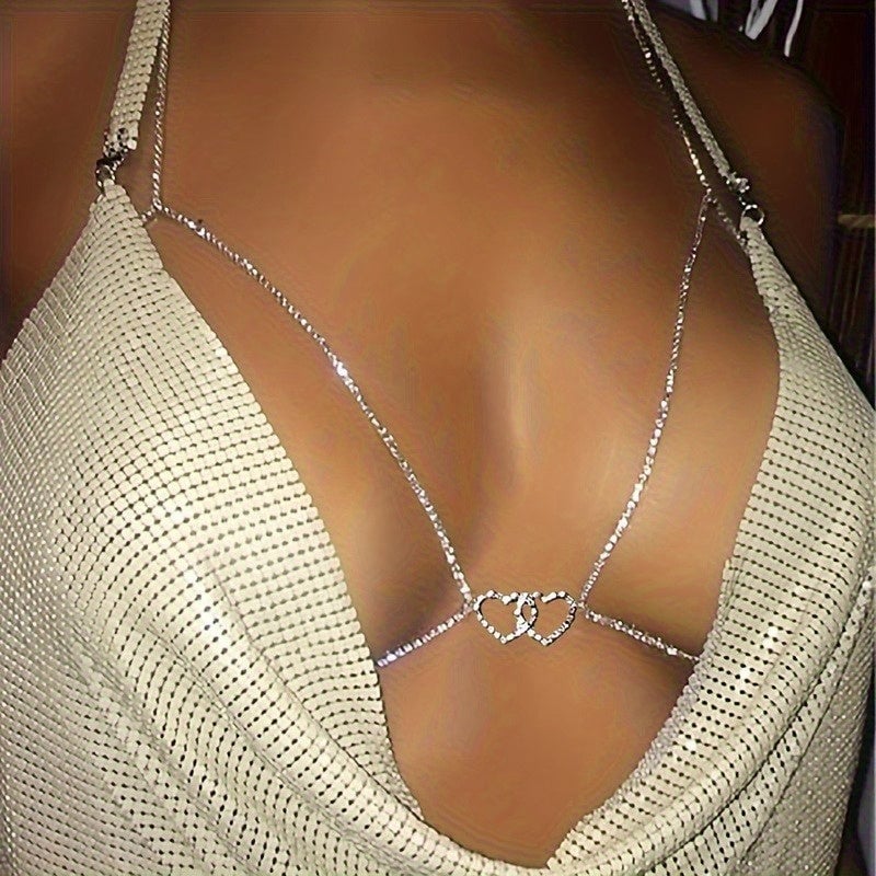 1pc Hollow Out Double Love Heart Crop Top Bra Chest Chain Iced Out Shiny Rhinestone Sexy Glamorous Body Chain Image 1