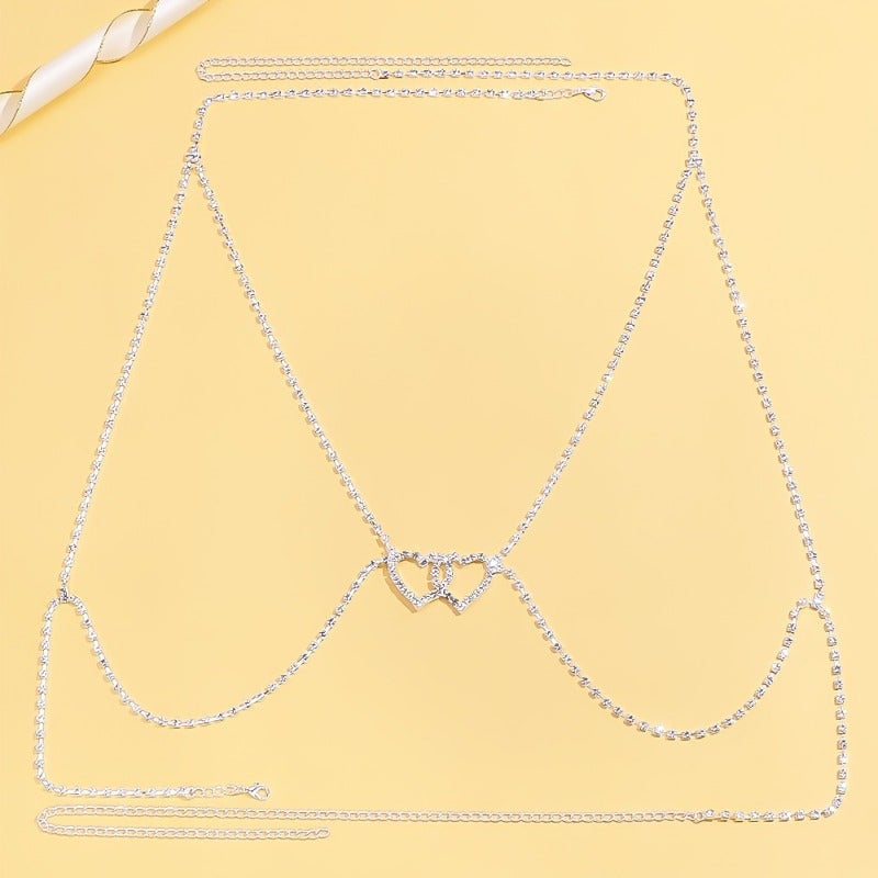 1pc Hollow Out Double Love Heart Crop Top Bra Chest Chain Iced Out Shiny Rhinestone Sexy Glamorous Body Chain Image 2