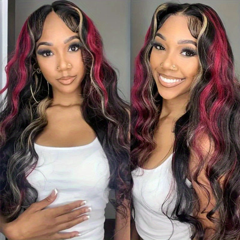 Elegant 26-Inch Red Blonde Highlights Body Wave Synthetic Lace Frontal Wig For Women - Perfect For Parties and Daily Image 1