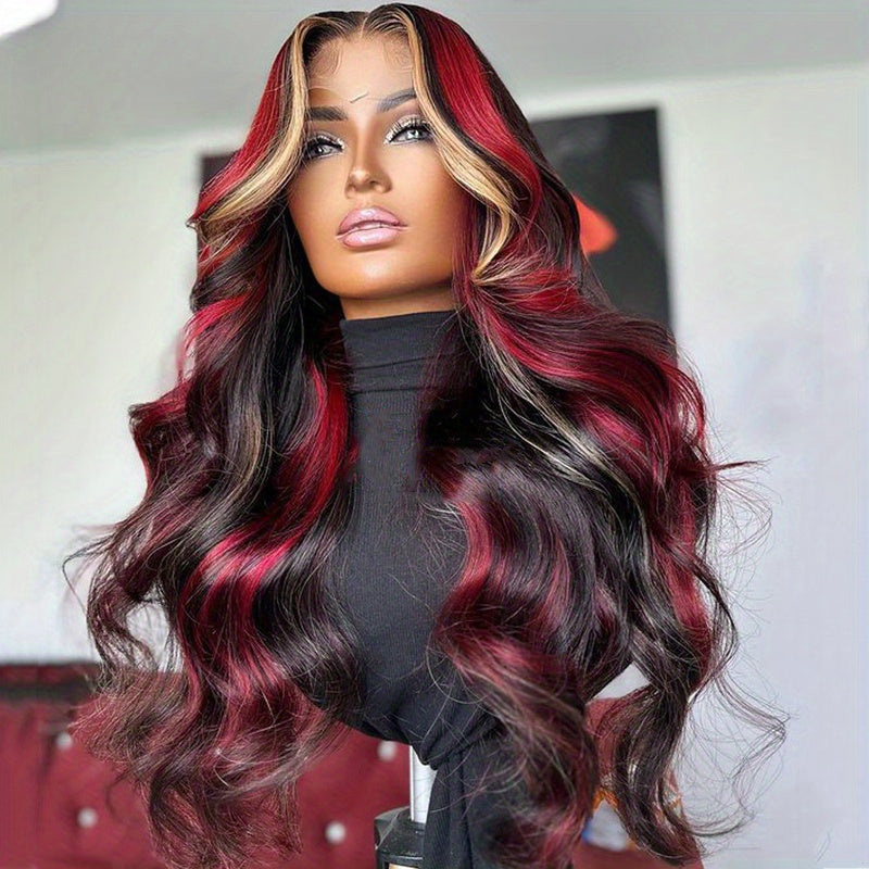 Elegant 26-Inch Red Blonde Highlights Body Wave Synthetic Lace Frontal Wig For Women - Perfect For Parties and Daily Image 3