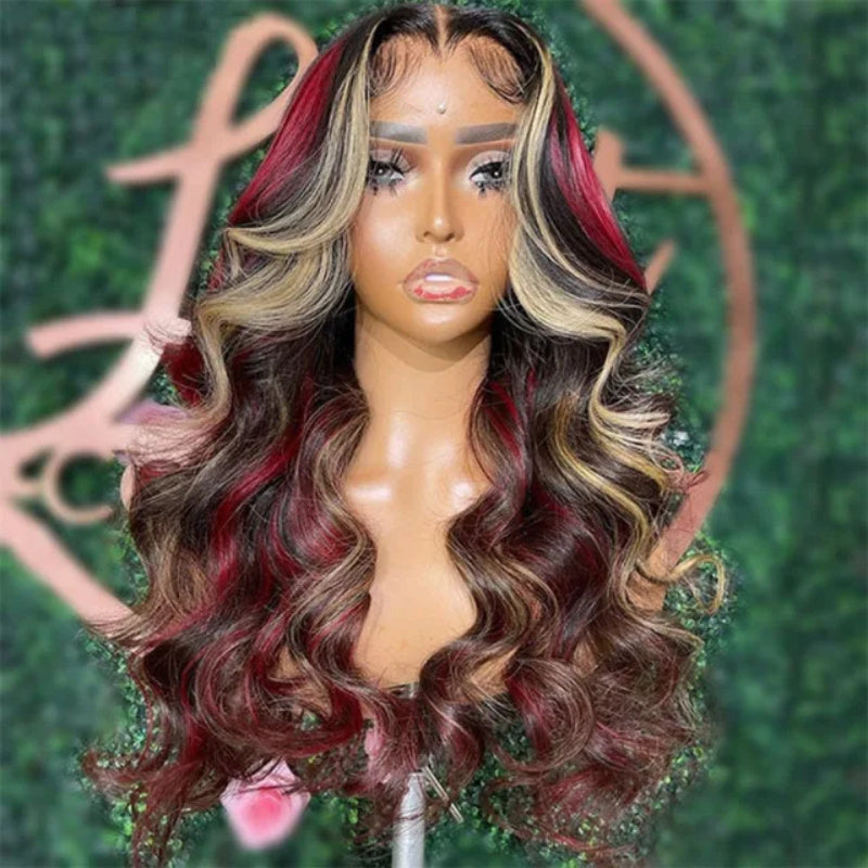 Elegant 26-Inch Red Blonde Highlights Body Wave Synthetic Lace Frontal Wig For Women - Perfect For Parties and Daily Image 4