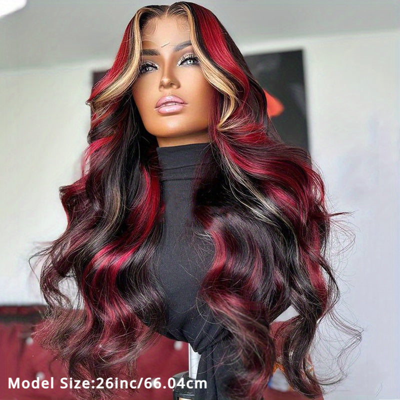 Elegant 26-Inch Red Blonde Highlights Body Wave Synthetic Lace Frontal Wig For Women - Perfect For Parties and Daily Image 4