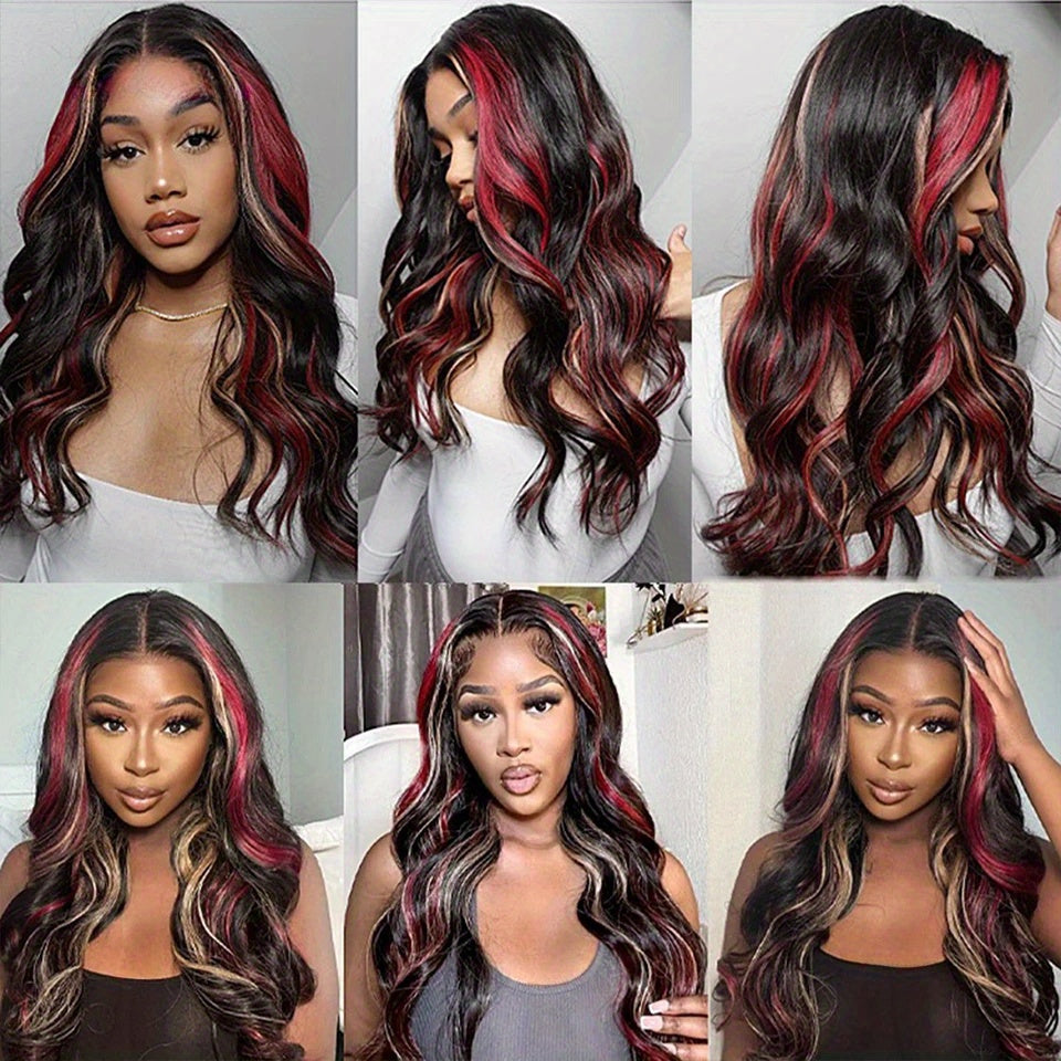 Elegant 26-Inch Red Blonde Highlights Body Wave Synthetic Lace Frontal Wig For Women - Perfect For Parties and Daily Image 7