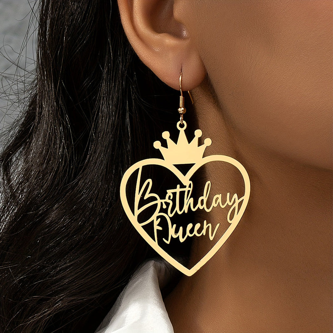 Hollow Golden Heart Birthday Queen Design Dangle Earrings Elegant Simple Style Iron Jewelry Birthday Gift For Friends Image 1