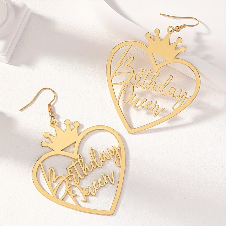 Hollow Golden Heart Birthday Queen Design Dangle Earrings Elegant Simple Style Iron Jewelry Birthday Gift For Friends Image 2