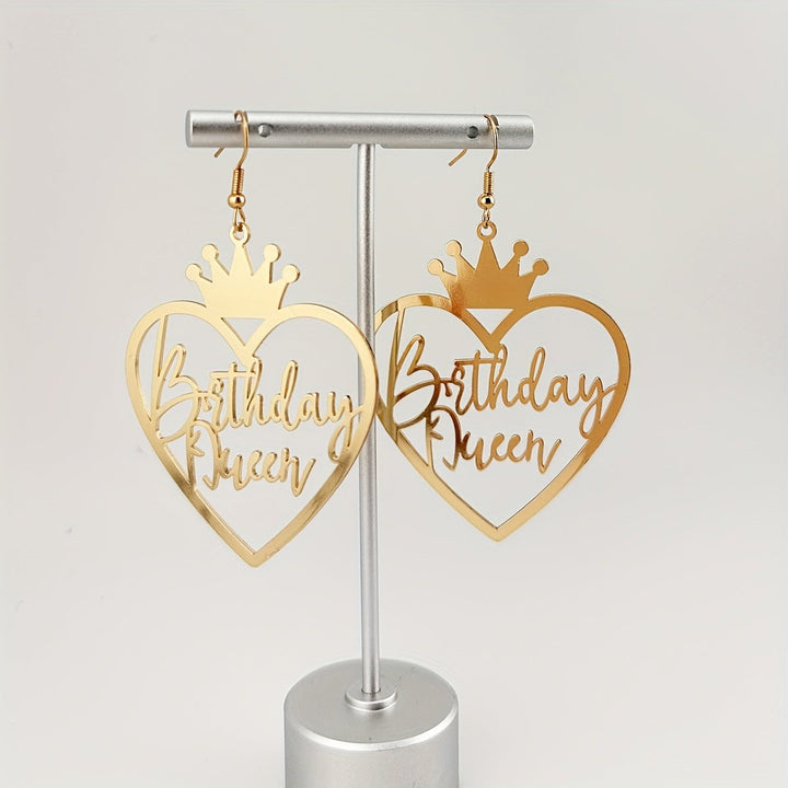 Hollow Golden Heart Birthday Queen Design Dangle Earrings Elegant Simple Style Iron Jewelry Birthday Gift For Friends Image 3