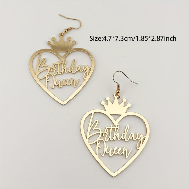 Hollow Golden Heart Birthday Queen Design Dangle Earrings Elegant Simple Style Iron Jewelry Birthday Gift For Friends Image 4