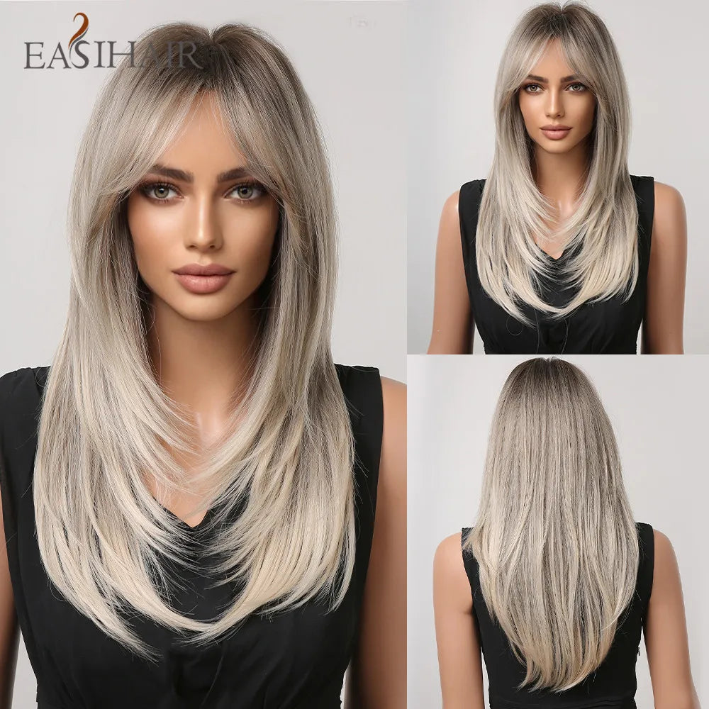 EASIHAIR Dark Brown Black Synthetic Wigs with Bangs Medium Straight Layered Natural Hairs for Women Daily Cosplay Heat Image 2