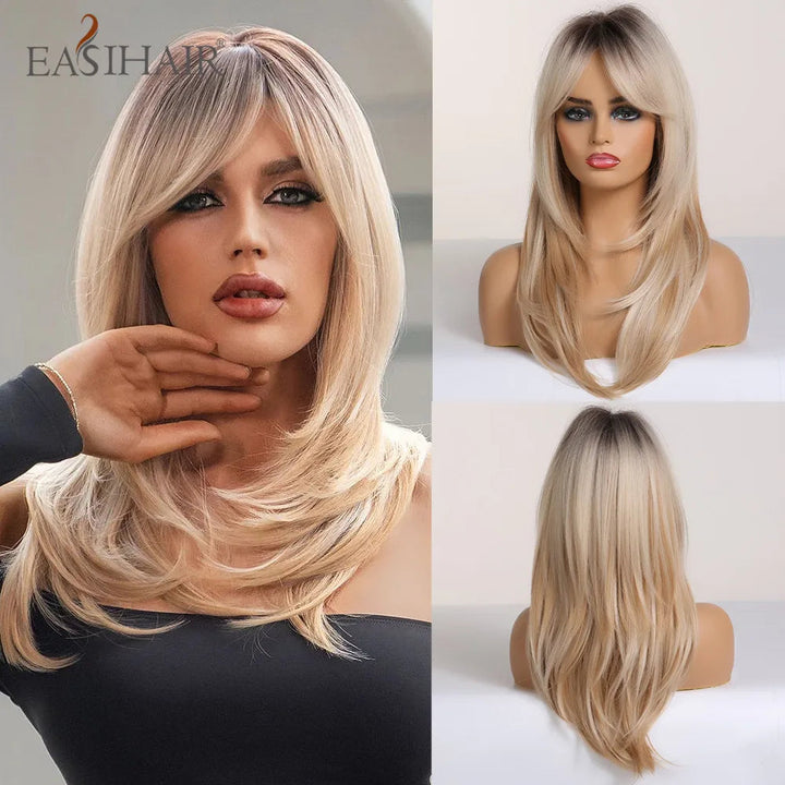 EASIHAIR Dark Brown Black Synthetic Wigs with Bangs Medium Straight Layered Natural Hairs for Women Daily Cosplay Heat Image 3